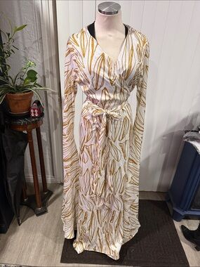 White & Gold Long Sleeve Wrap Maxi Dress